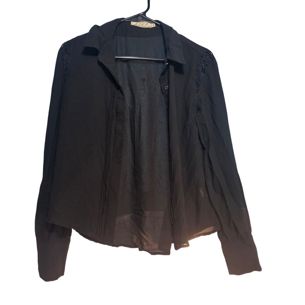Chloe K Sheer Black Chiffon Button Up Blouse Lace Shoulder Accent Medium
